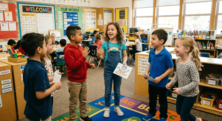 Young learners speaking and interacting during a task-based English lesson