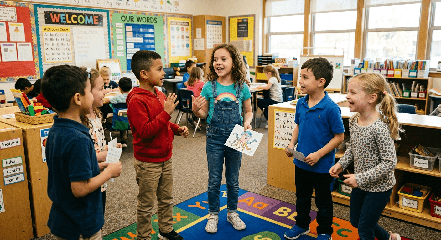 Young learners speaking and interacting during a task-based English lesson