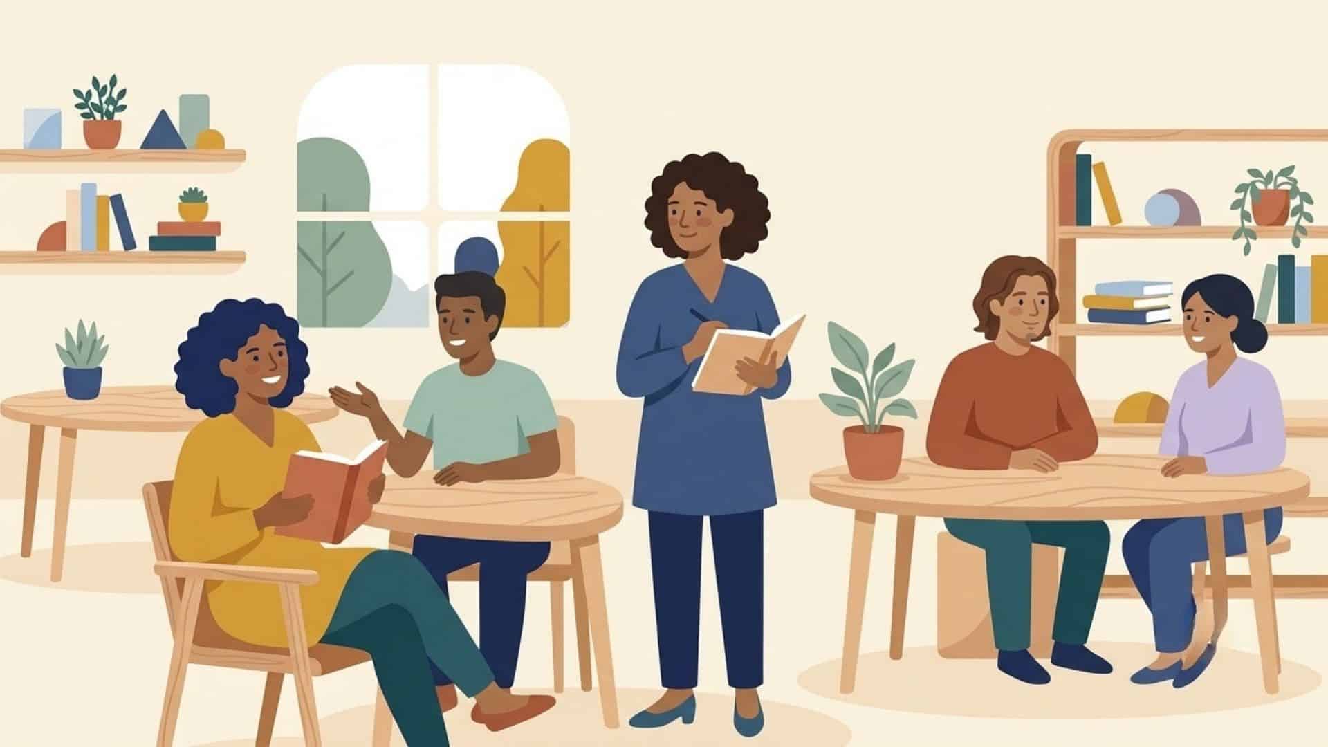 Illustration of a teacher observing students during a communicative activity, showing the Activate stage of an ESA lesson pattern.