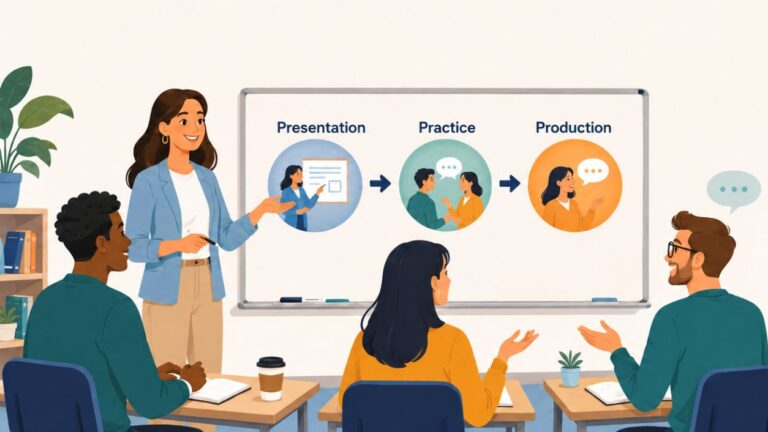 ESL teacher at a whiteboard pointing to the three PPP lesson stages — Presentation, Practice, and Production — connected by arrows, with adult students at desks