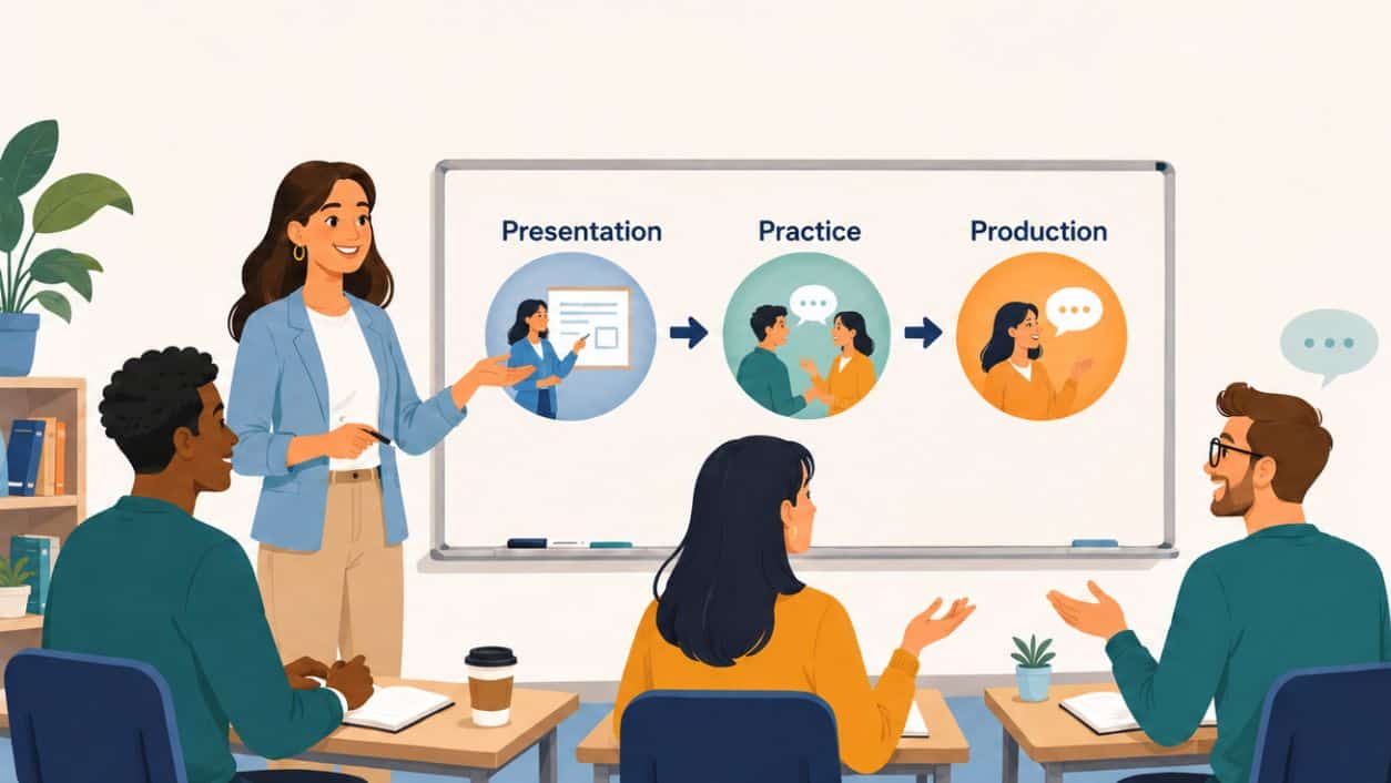 ESL teacher at a whiteboard pointing to the three PPP lesson stages — Presentation, Practice, and Production — connected by arrows, with adult students at desks