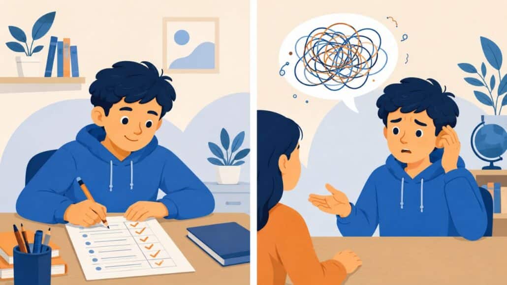 A student confidently completing a worksheet on the left and hesitating to speak freely on the right, illustrating the gap between controlled practice and real conversation in PPP lessons