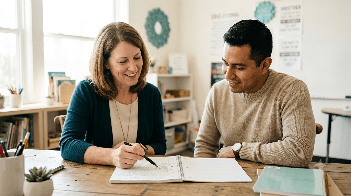 IELTS teacher giving targeted feedback to a student on a written essay to help improve their band score