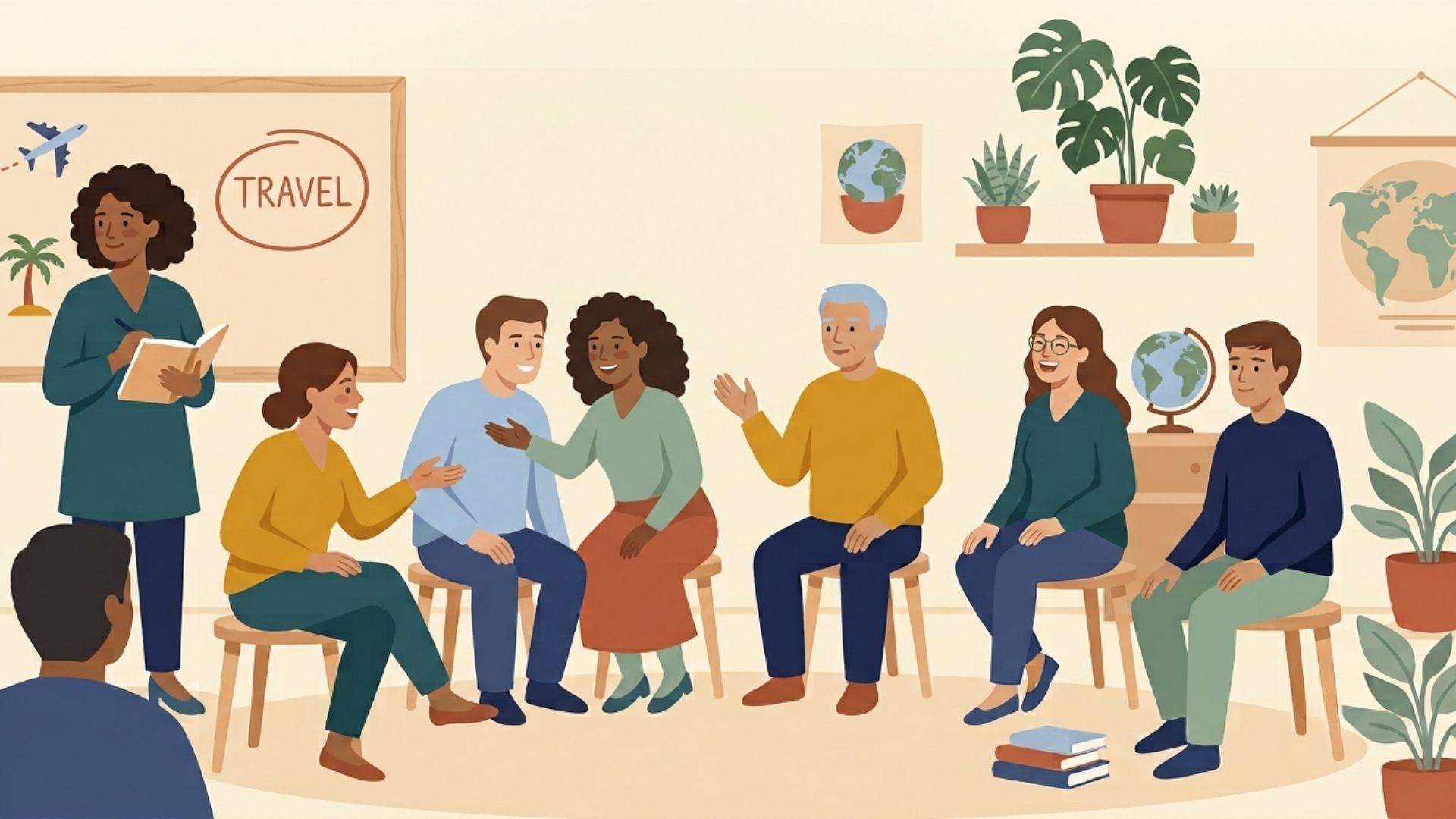 Six adult ESL students sit in a semicircle on wooden stools, talking to each other while a teacher stands to one side by a board.