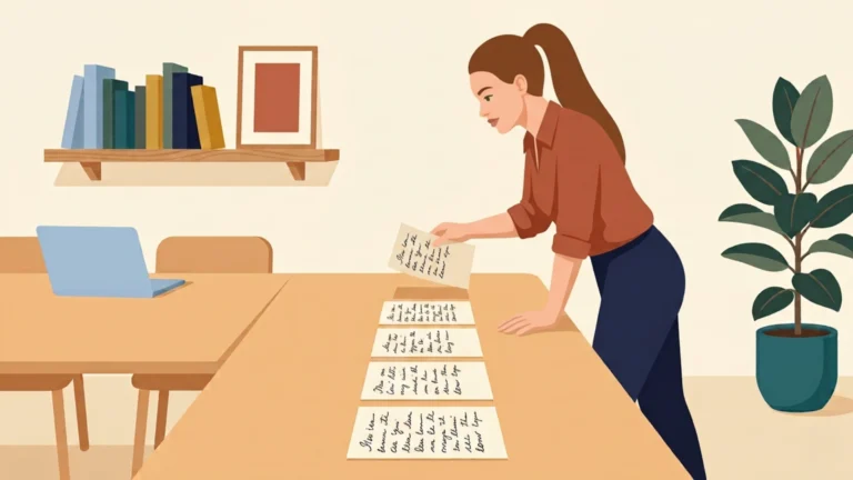 A person stands at a long table arranging blank pages into a column, holding one sheet above the others as if deciding where in the order it belongs.