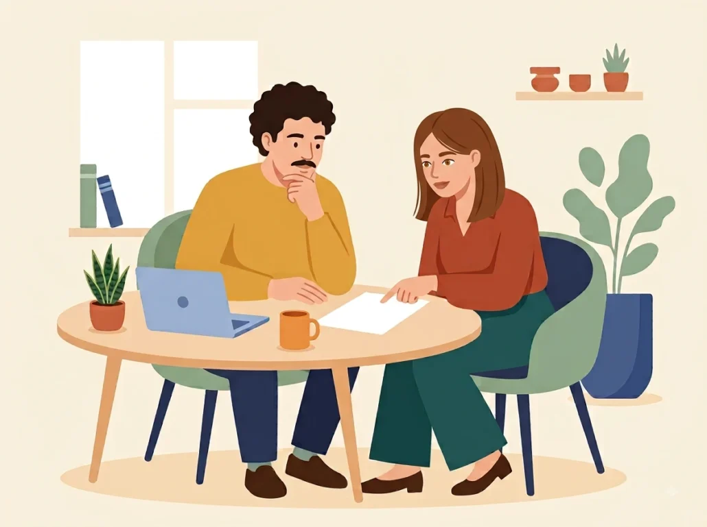 Two people sit close together at a small round table, both looking down at a single page between them while one points near the top of it and the other rests a hand on their chin.