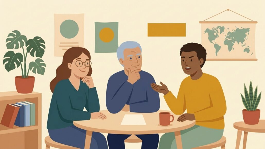 Three adult ESL students lean in around a small table, one speaking while the others listen, a face-down slip of paper between them.
