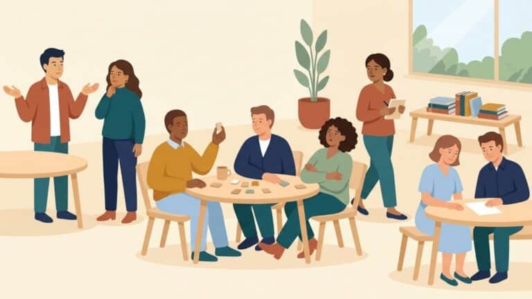 Three small groups of adult students work at separate tables in a bright classroom — one sorting objects, one pair standing in conversation, one pair sharing a sheet — while the teacher walks between them with a notebook.