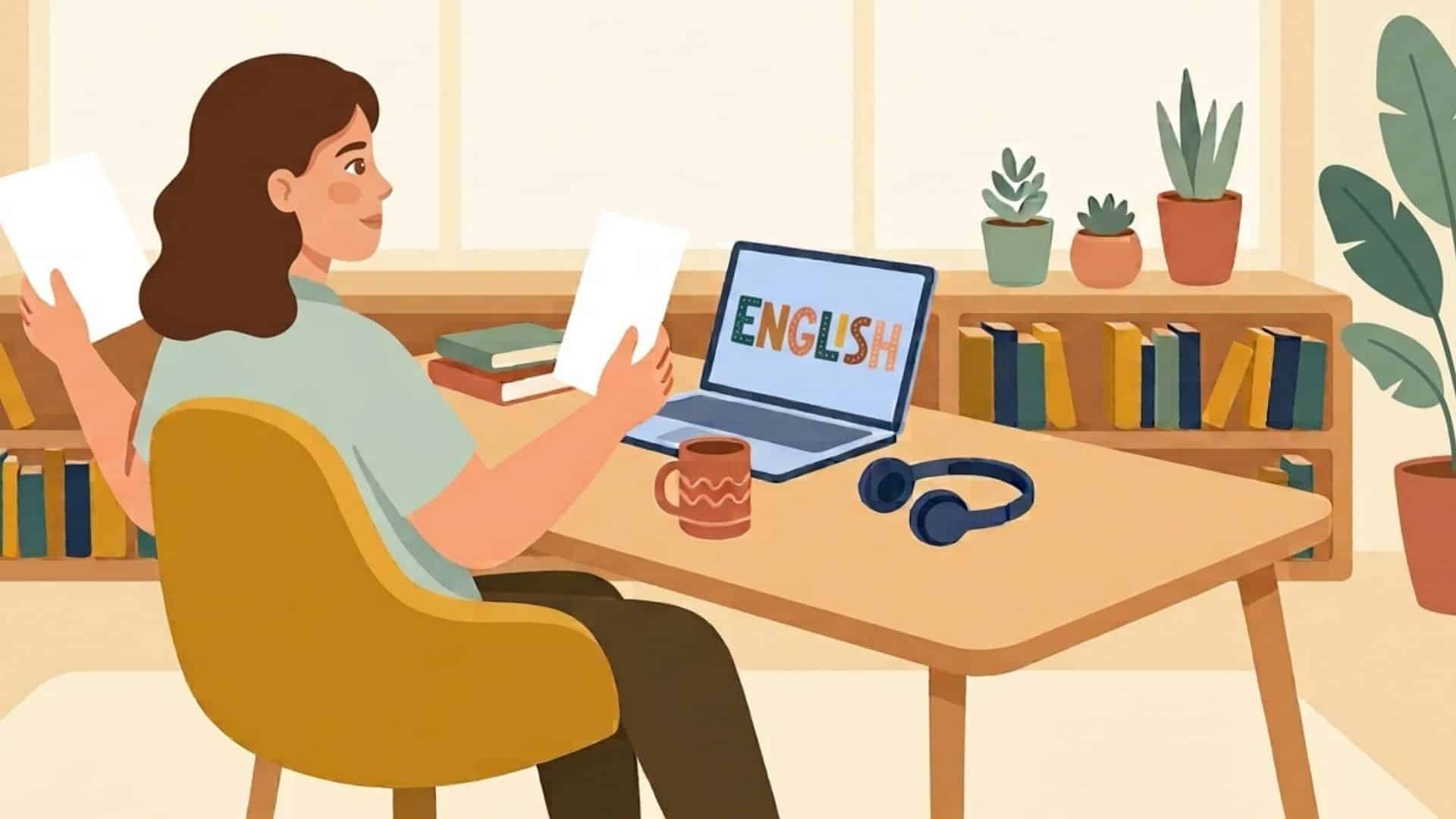 A teacher leans back at a desk holding a sheet of paper in each hand, weighing one against the other beside an open laptop and headset.