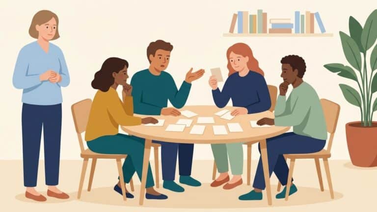 Four adult students lean in around a table comparing cards and debating, while their teacher stands back at the edge of the room watching.