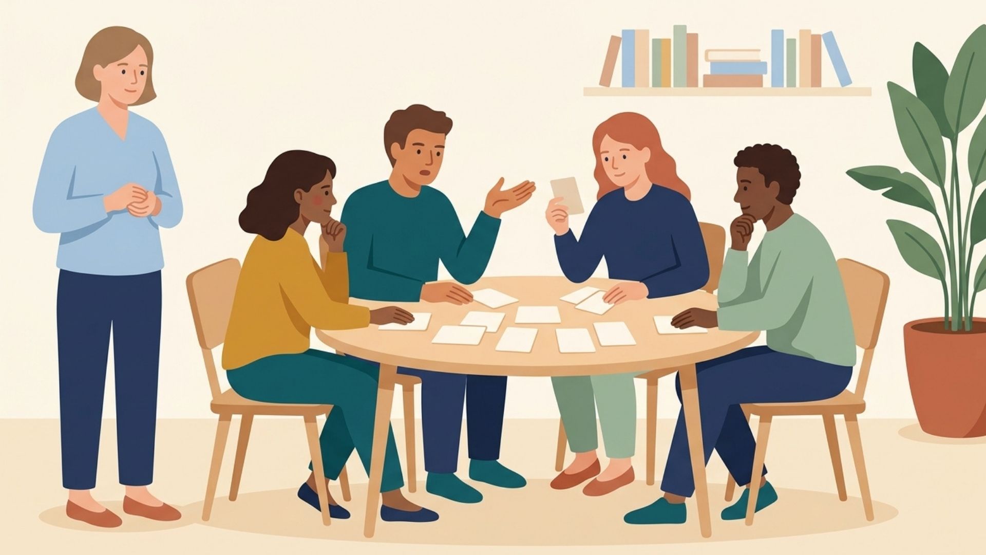 Four adult students lean in around a table comparing cards and debating, while their teacher stands back at the edge of the room watching.