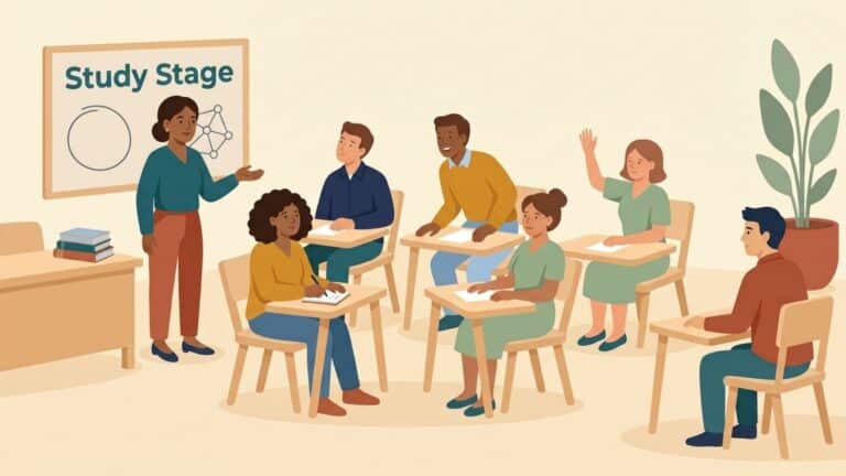 A teacher stands beside a board and gestures toward one of five adult students seated in a horseshoe, who leans forward to answer while another half-raises a hand.