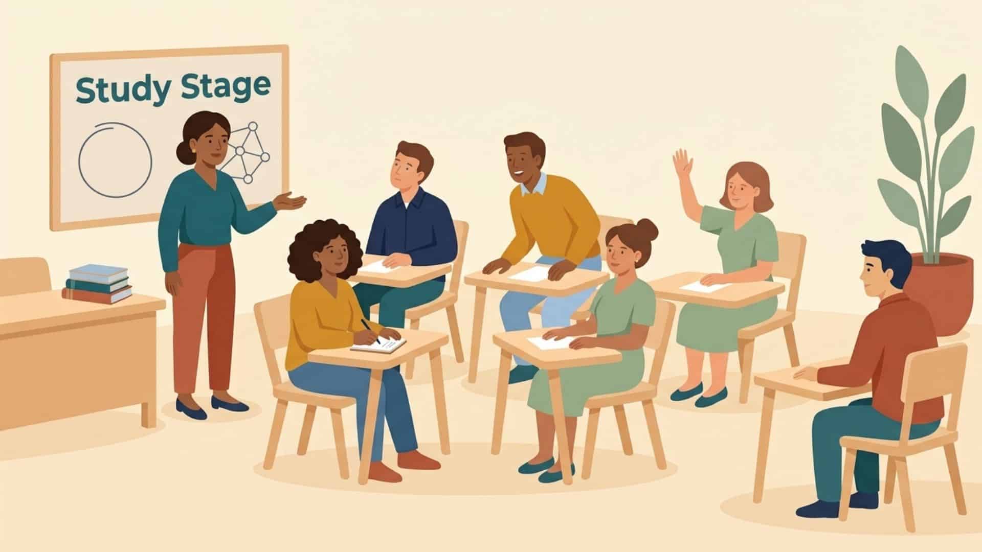 A teacher stands beside a board and gestures toward one of five adult students seated in a horseshoe, who leans forward to answer while another half-raises a hand.