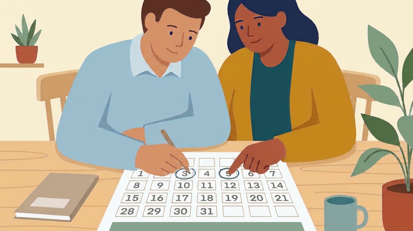 Two teachers sit side by side at a table, one circling a date on a printed calendar while the other points to a date already marked.