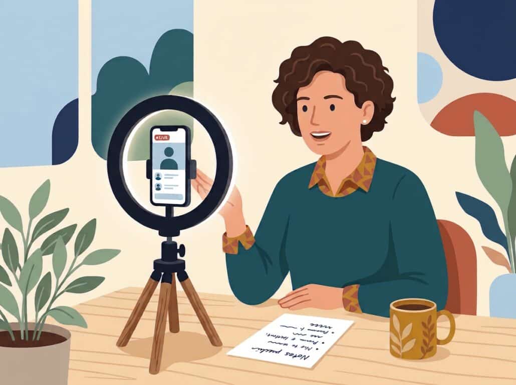 A teacher records an introduction video, speaking to a phone on a small tripod in front of a ring light.